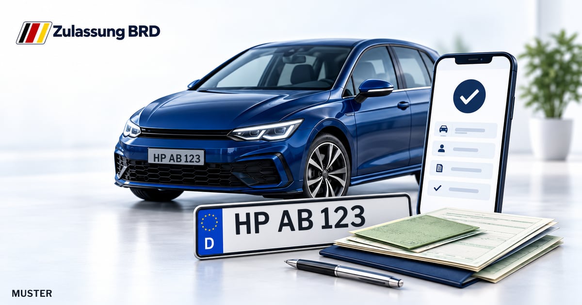 Online Fahrzeugzulassung in Zwingenberg: Musterkennzeichen HP AB 123, Auto und Fahrzeugpapiere und Smartphone. Illustration mit Logo von Zulassung BRD.